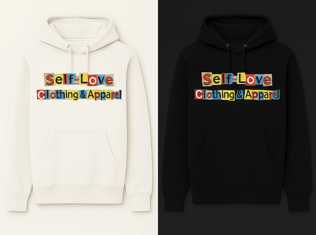 Four hoodies in white, black, gray, and red with 'Self-Love Clothing & Apparel' text.